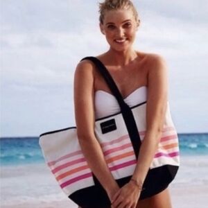 Victoria's Secret Large Sun Kissed Tote Cotton Canvas Open Top Neon Stripes NWT